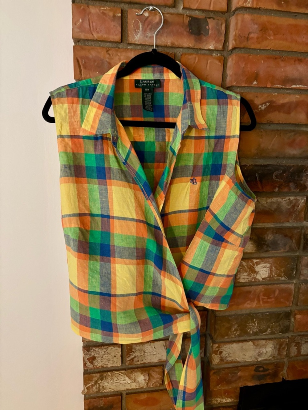 Vintage Lauren Ralph Lauren Linen Sleeveless Madras Check Wrap Shirt 18W